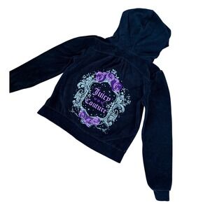 Y2K 2000s Juicy Couture Black Zip Up Hoodie Purple Rose Graphic & Glitter